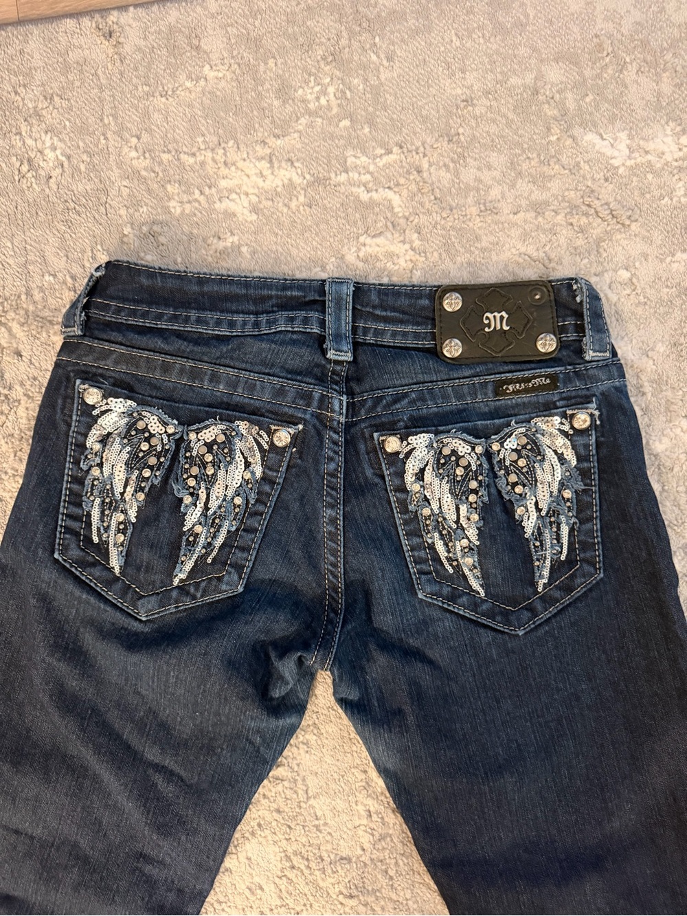 Miss Me Dark Blue Denim Boot Cut Jeans with Sequin Wing Pockets